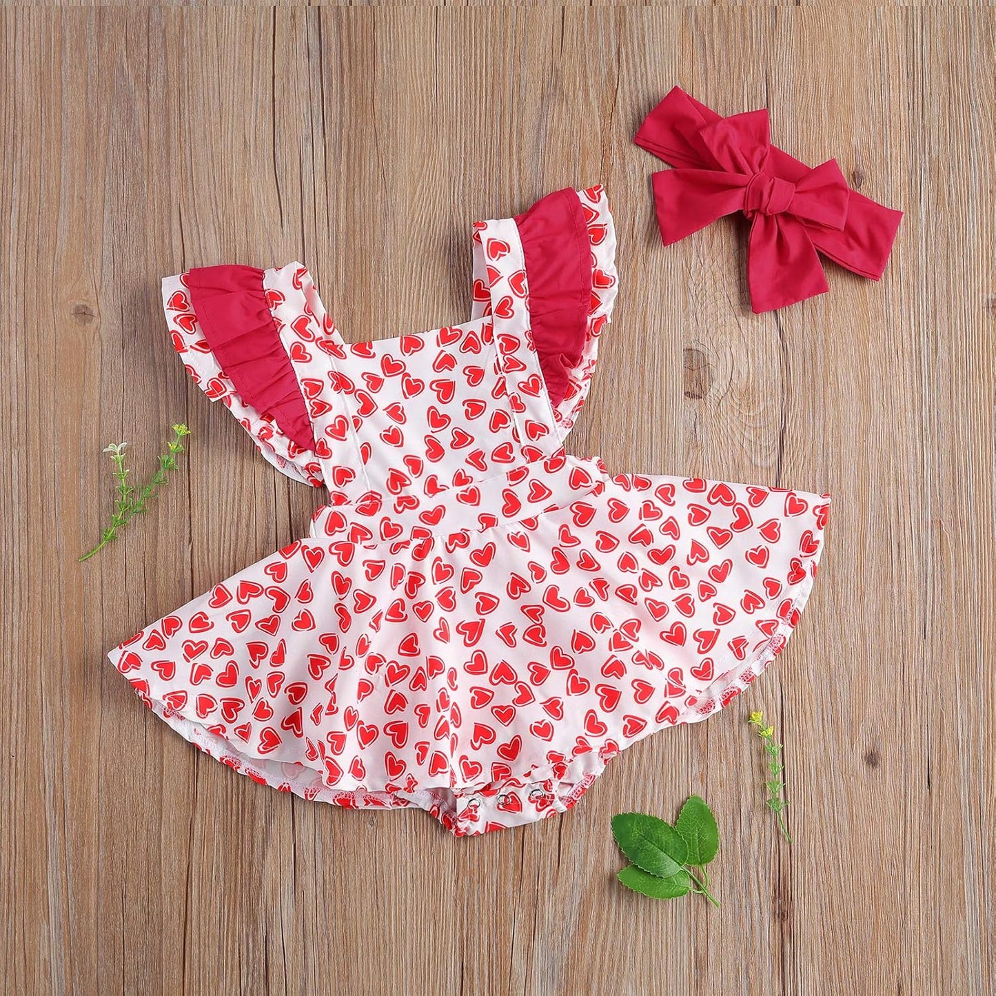 Toddler Baby Girls Valentine'S Day Outfit Heart Ruffle Sleeve Romper Bodysuit Headband Little Princess Clothes Set 0-18M (6-12M, a Red)