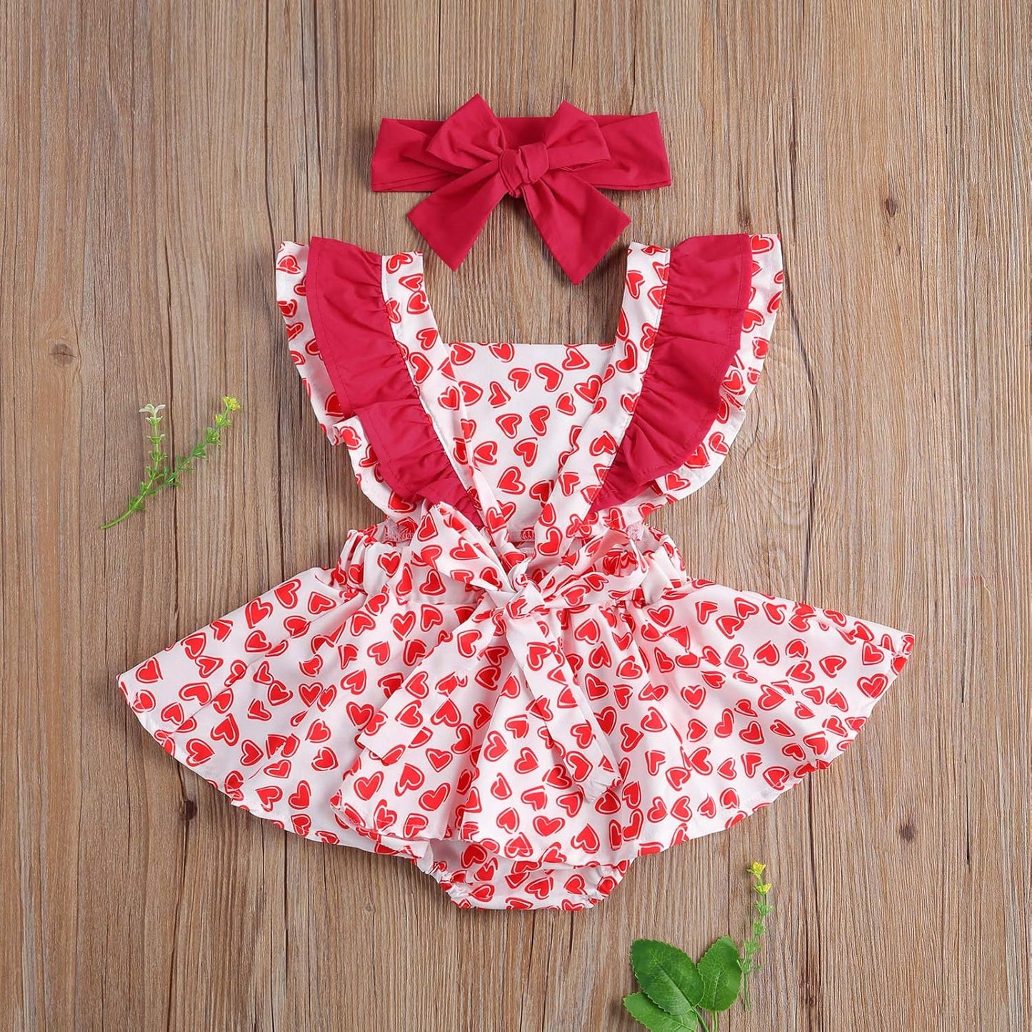Toddler Baby Girls Valentine'S Day Outfit Heart Ruffle Sleeve Romper Bodysuit Headband Little Princess Clothes Set 0-18M (6-12M, a Red)