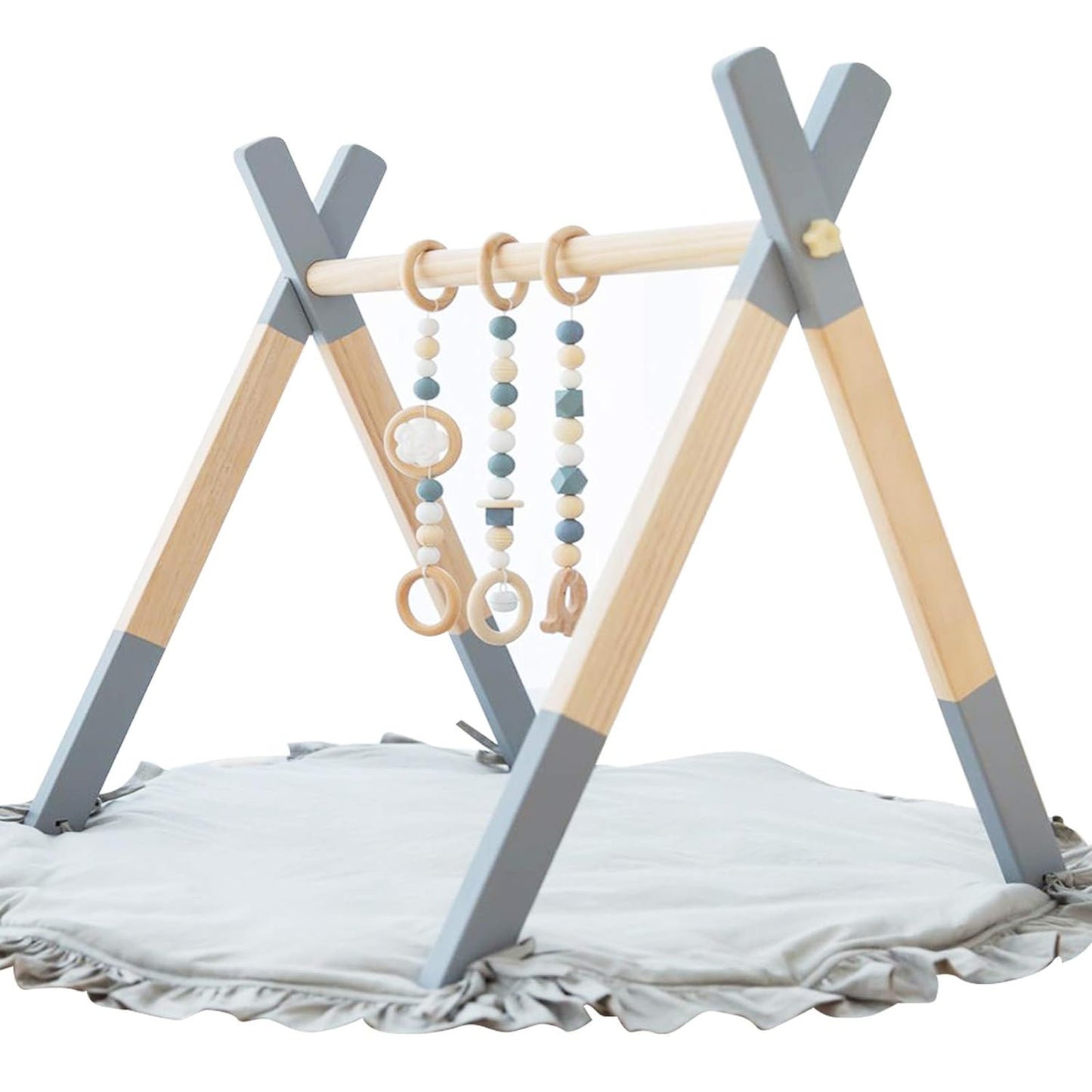 Wooden Baby Play Gym with Mat, Baby Play Gym Frame Activity Gym Hanging Bar with 5 Gym Baby Toys Gift for Newborn Baby