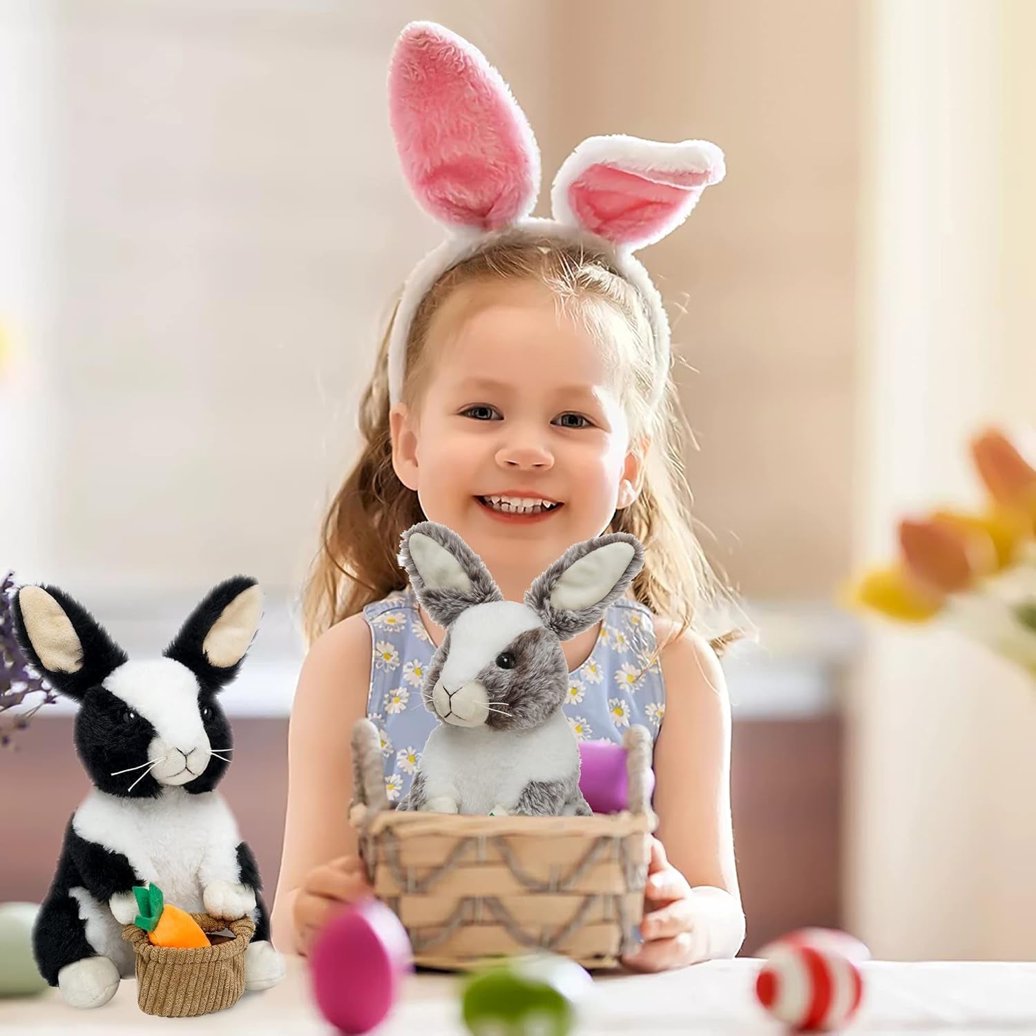Bunny Stuffed Animal, 12" Stuffed Bunny with Floppy Ears & Holding Basket, Machine Washable& Softness, Stuffed Bunny for Girls Boys Kids Babies Great Gifts Decorations(Black)