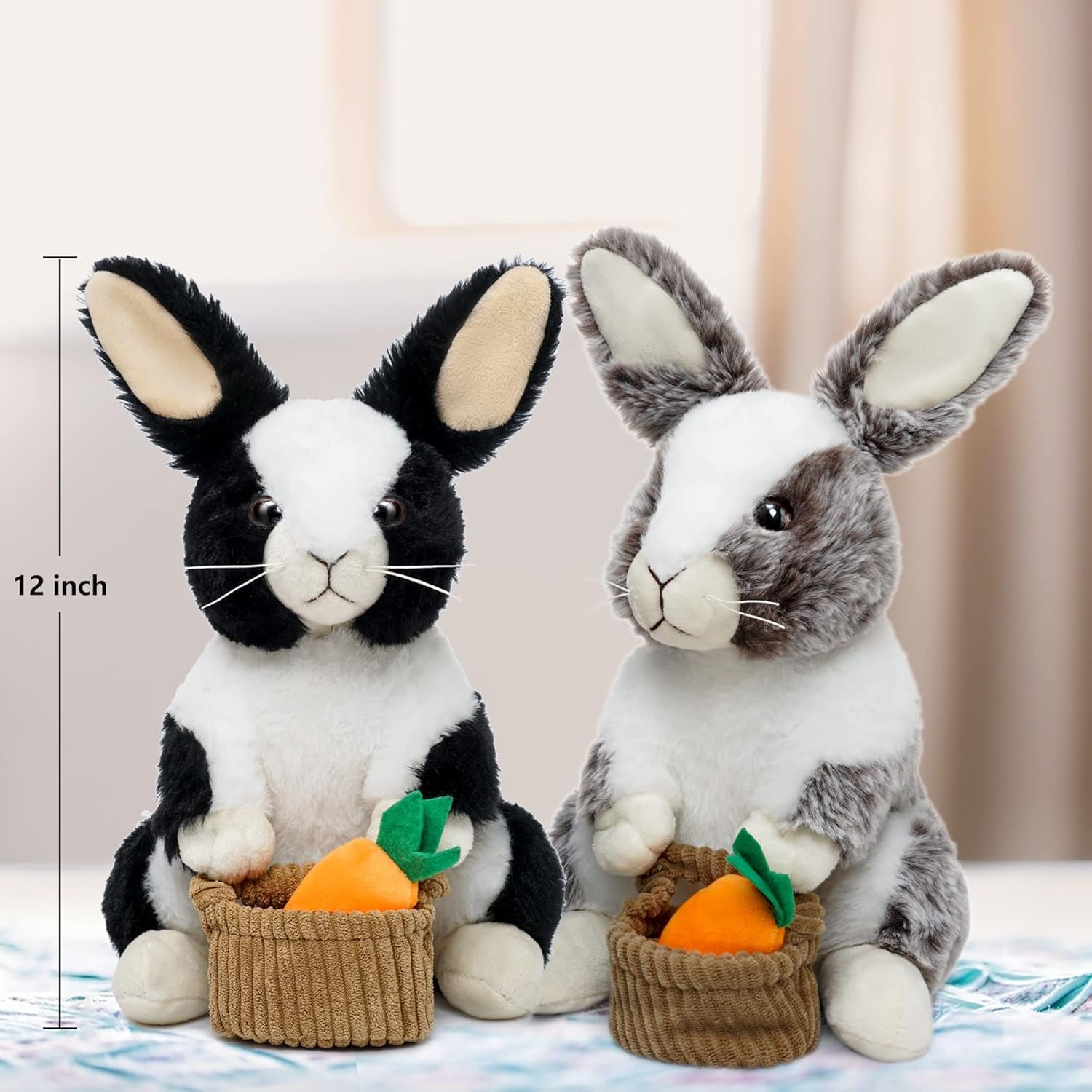 Bunny Stuffed Animal, 12" Stuffed Bunny with Floppy Ears & Holding Basket, Machine Washable& Softness, Stuffed Bunny for Girls Boys Kids Babies Great Gifts Decorations(Black)