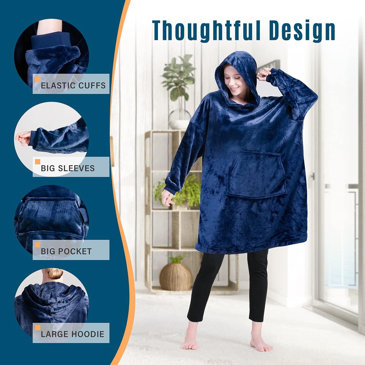 Blanket Hoodie Warm Wearable Blanket Soft Velour Blanket Sweatshirt Oversized Fits All for Teenager Adult Blue