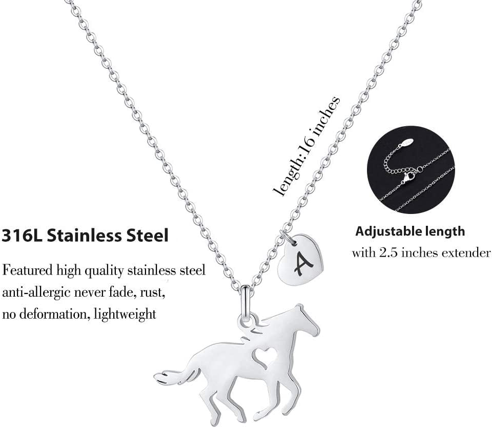 Horse Necklace for Girls - Dainty Pendant Heart 26 Initial Jewelry for Women, Kids, Horse Lovers