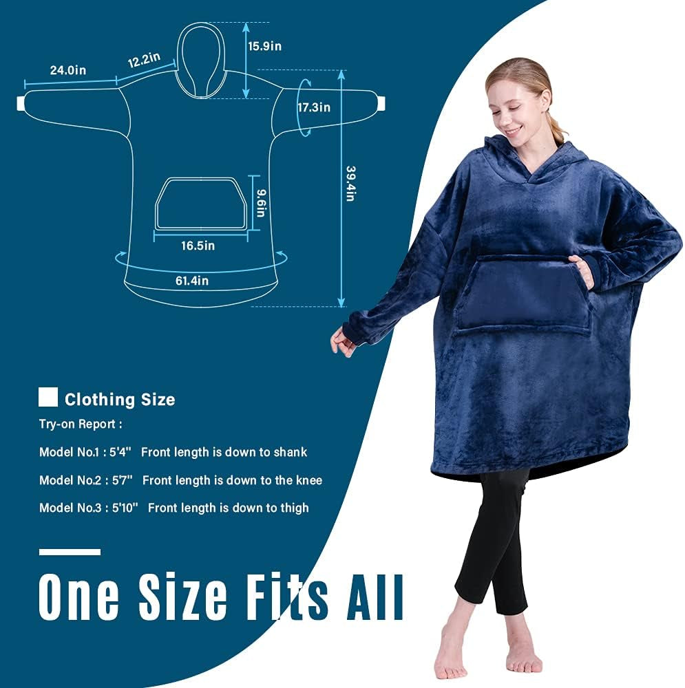 Blanket Hoodie Warm Wearable Blanket Soft Velour Blanket Sweatshirt Oversized Fits All for Teenager Adult Blue