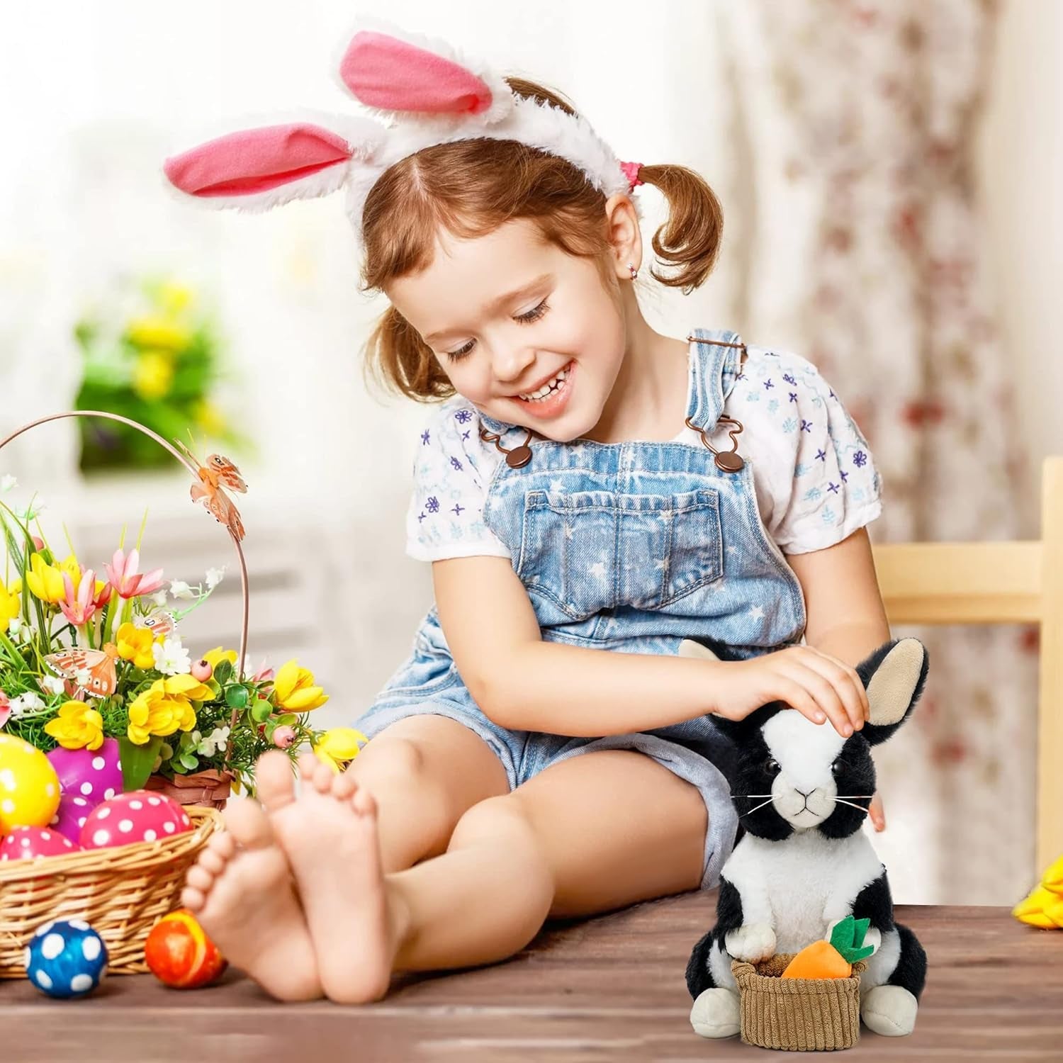 Bunny Stuffed Animal, 12" Stuffed Bunny with Floppy Ears & Holding Basket, Machine Washable& Softness, Stuffed Bunny for Girls Boys Kids Babies Great Gifts Decorations(Black)
