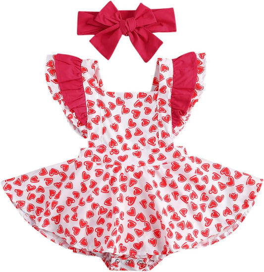 Toddler Baby Girls Valentine'S Day Outfit Heart Ruffle Sleeve Romper Bodysuit Headband Little Princess Clothes Set 0-18M (6-12M, a Red)